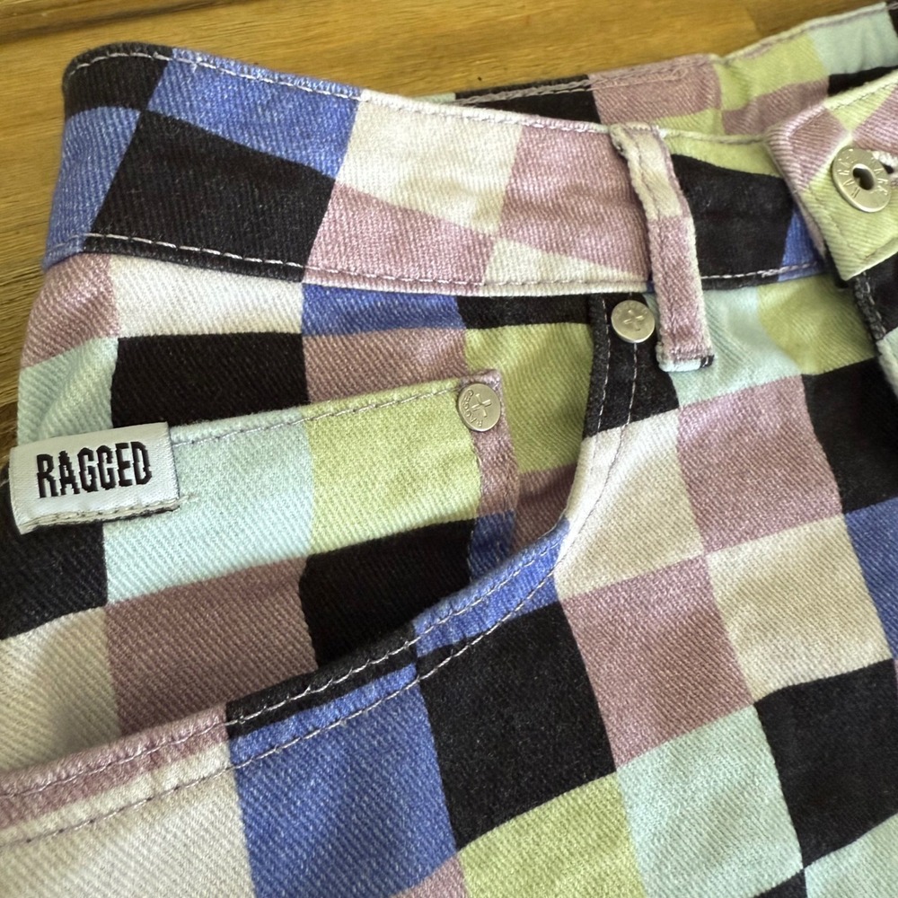 RAGGED JEANS Pixel Print Denim‎ Cutoff Shorts Women Sz 28 Gingham Frayed Hem - Picture 5 of 6